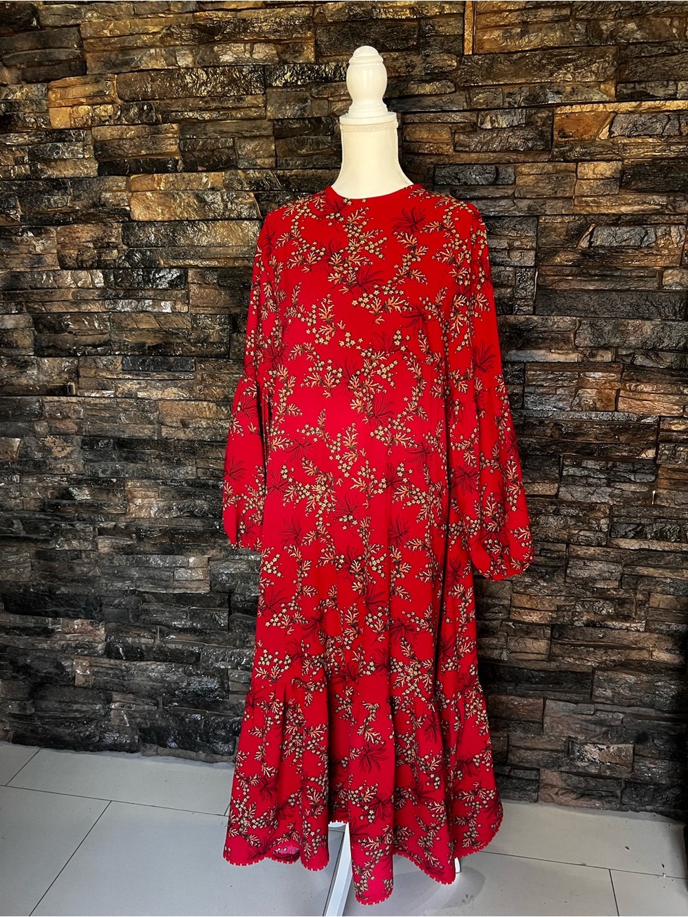 Red Floral Long-Sleeve Midi Dress homemade - Picture 1 of 10